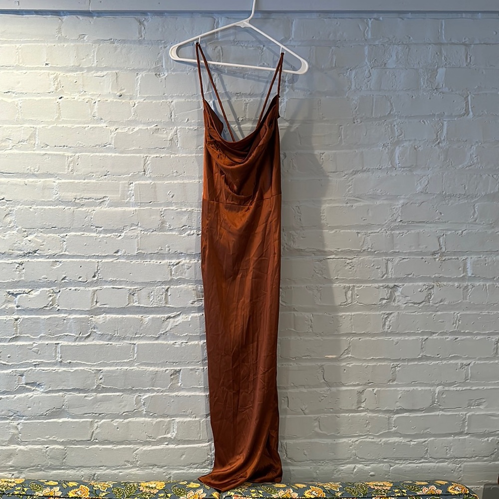 Backless satin midi dress—rusty orange/brown, size L (6-8)